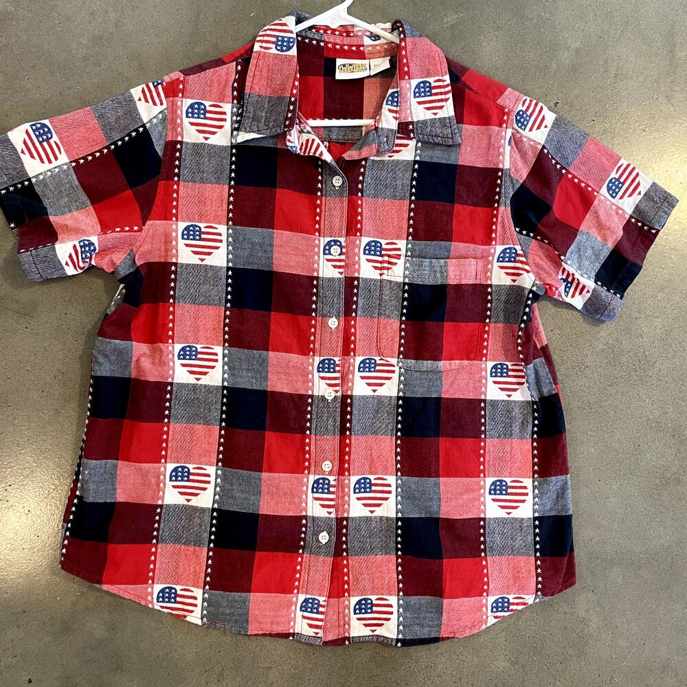 90s Vintage Collections American flag hearts memorial plaid cotton shirt Large